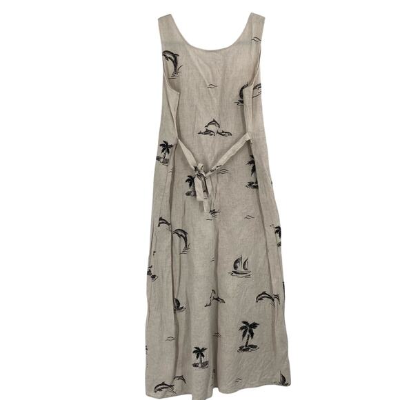 Vintage Connie Choi Beige Black Linen Maxi Dress Dolphin Boat Print Coastal SM - Picture 2 of 8
